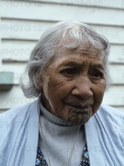 An elderly Maori woman, reputed to be the last survivor with facial tattooing