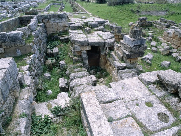 The vaulted passage of the theatre at Eretria which was used for the sudden appearances of actors impersonating characters coming from the underworld