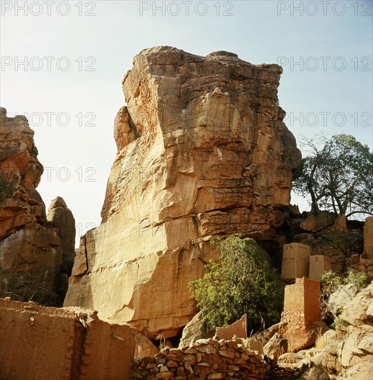 A Dogon village at the foot of the Bandiagara cliffs