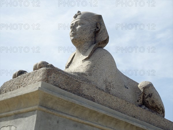 One of a pair of sphinxes in pink Aswan granite set up at the foot of the column known as "Pompey's Pillar", after they were found nearby in 1906