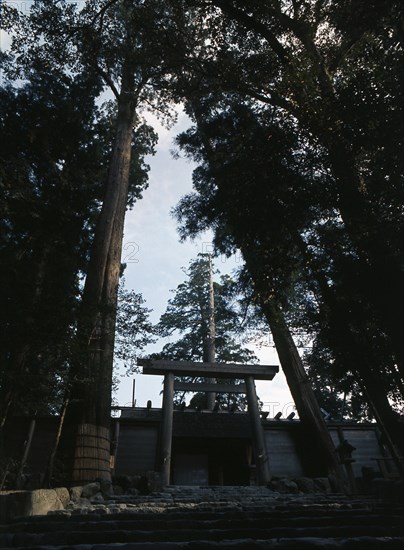 Ceremonial gateway, or Torii, to the outermost of the four courtyards surrounding the Ise shrines