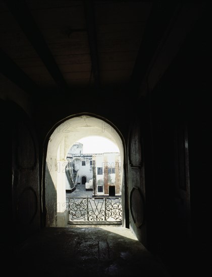 Inside the ramparts of Elmina Castle looking towards the market chamber where slaves were sold