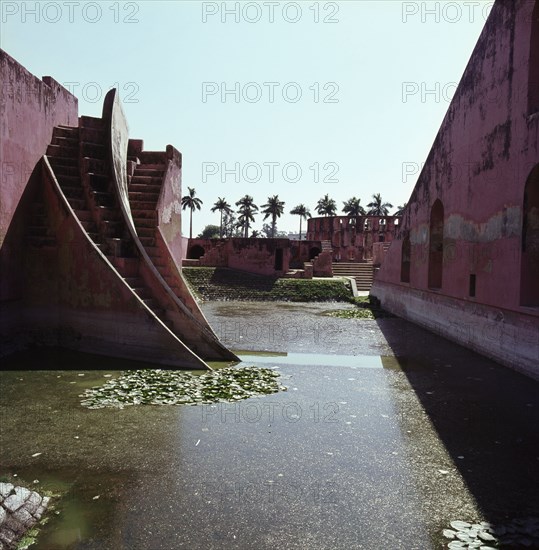 The view of the giant sundial which is one of the instruments at the observatory built by Sawai Jai Singh in Jaipur, the capital city of the state of Rajasthan