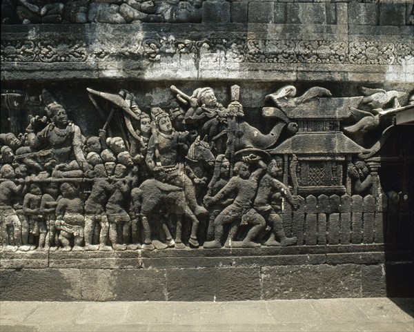 The reliefs on the terraces of Borobudur depict scenes from the life of the Buddha