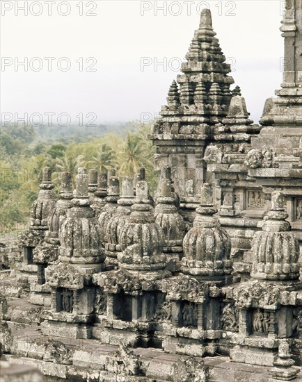 The temple complex at Lara Jonggrang consists of three main sanctuaries dedicated to Shiva, Brahma and Vishnu and three minor ones dedicated to particular forms of Shiva and Shiva's bull mount, Nandi