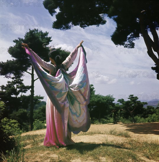 A dancer dressed as a butterfly in a pink and purple robe