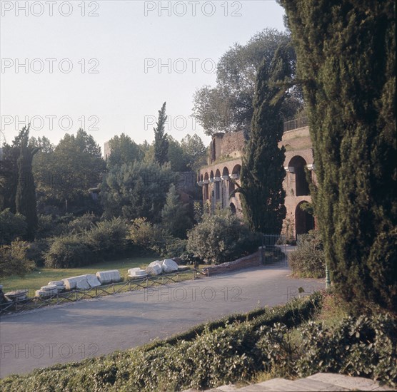 Exterior view of the Baths of Trajan which cover the remains of the Golden House of Nero