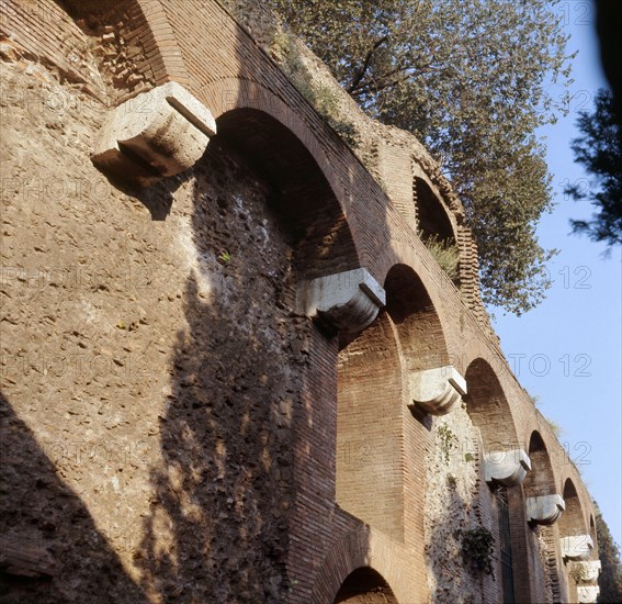 Exterior view of the Baths of Trajan which cover the remains of the Golden House of Nero