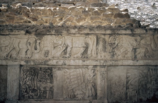 Bas relief of Jaguar, Coyote and Eagle from the enclosing decorative frieze on the north side of the Pyramid of Quetzalcoatl