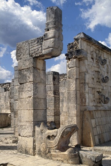 Serpent column guarding the entrance to the temple atop the 'Temple of the Warriors' at Chichen Itza