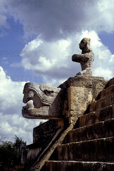 Carved stone head of snarling Kukulcan (feathered serpent)