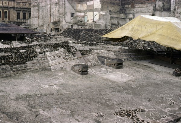 General view of the two 'Feathered Serpent' heads which were the representation of the God Quetzalcoatl, from the inner temple of the Templo Mayor