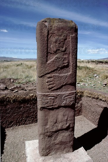 Headless red sandstone stela at Tiahuanaco (Tiwanaku)   Bolivia