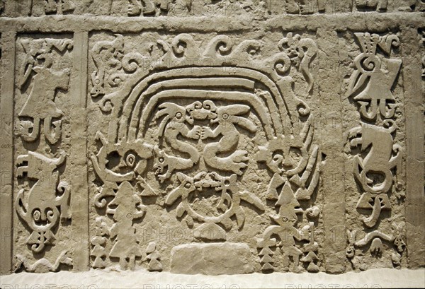 'Huaca del Dragon' outside Trujillo, north coast of Peru, showing detailof ceremonial platform decorated with clay frieze of maritime motifs, including the distinctive 'double-headed dragon wave' motif