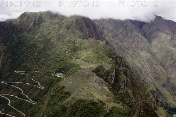 View of Machu Picchu and the modern access road from the summit of Huayna Picchu