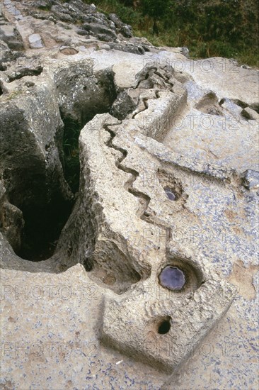 Sacred rock at Kenko, detail showing serpentine channel for ritual libations of water, maize beer (chicha), or blood