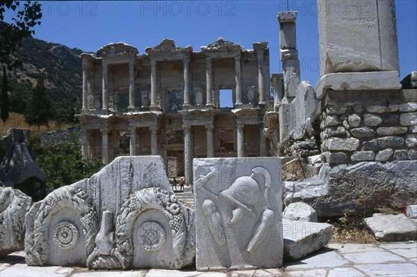 Architectural elements with relief decoration of weapons and bull heads