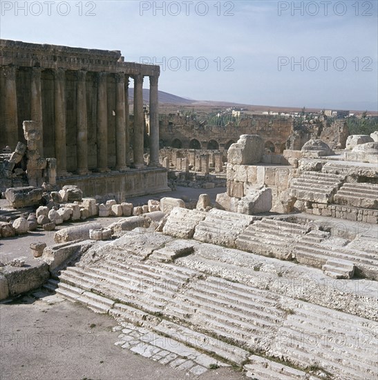 A view towards the temple precinct of Baalbek, the ancient Heliopolis which rose to prominence during the later Hellenistic and Roman period