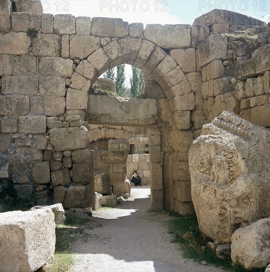 A view towards the temple precinct of Baalbek, the ancient Heliopolis which rose to prominence during the later Hellenistic and Roman period