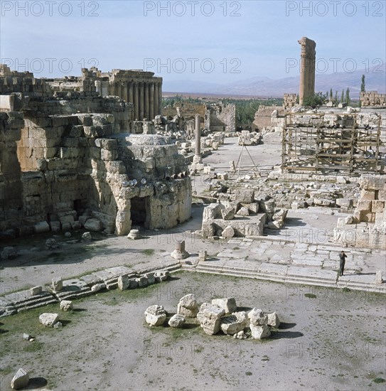 A view towards the temple precinct of Baalbek, the ancient Heliopolis which rose to prominence during the later Hellenistic and Roman period