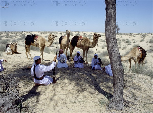 A party of Bedouin seated conversing in the shade of a tree in the desert while their camels are tethered nearby