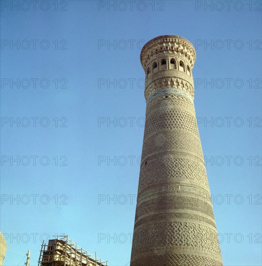 The C12th brick-built minaret of the Kalan mosque in Bukhara, retained when the remainder of the mosque was rebuilt during the C16th