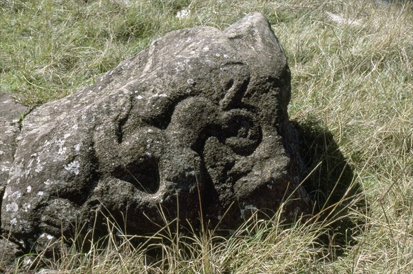 Single "Bird-Man" petroglyph by the edge of Rano Kao volcano