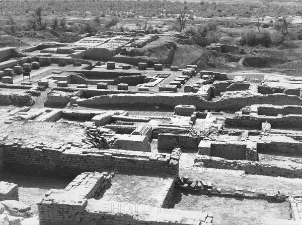 View from East to West of the Citadel of Mohenjo Daro with the baths and the granary in the background