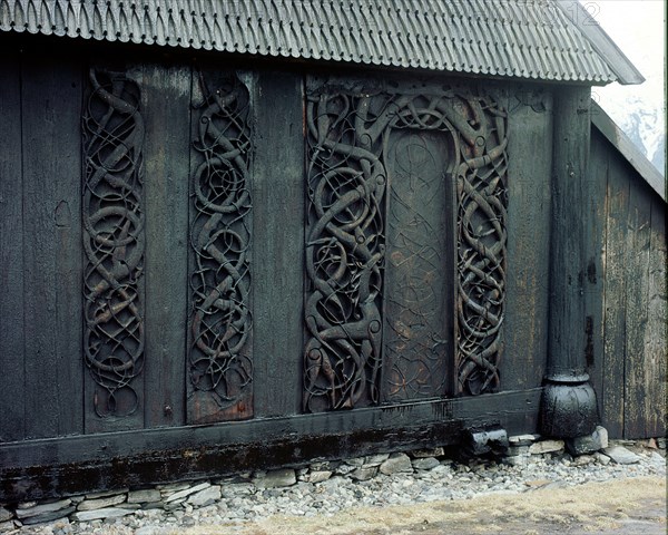Carving on the  side  of  the  stave church  at  Urnes