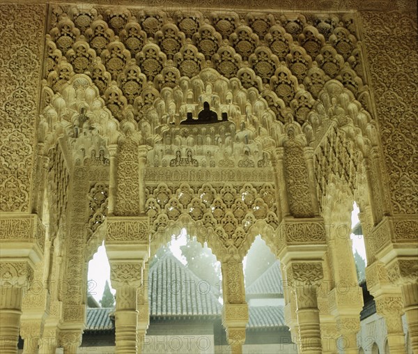 The stucco work and columns of the Court of the Lions