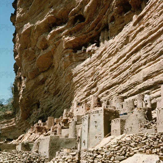 A Dogon village at the foot of the Bandiagara cliffs