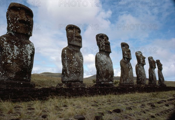 Large platform (ahu) with seven moai statues