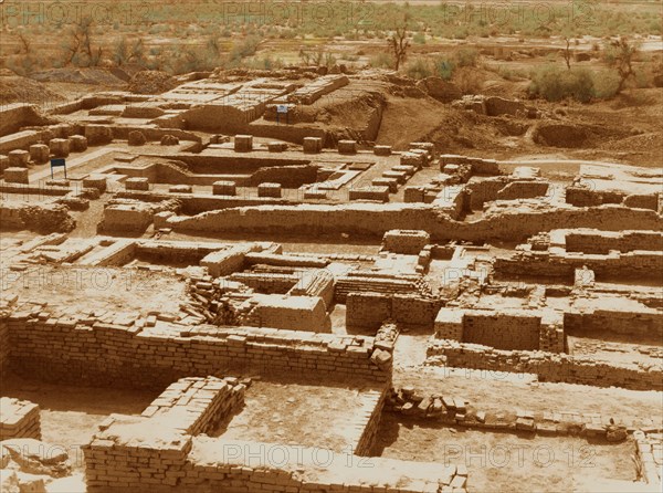 View from East to West of the Citadel of Mohenjo Daro with the baths and the granary in the background