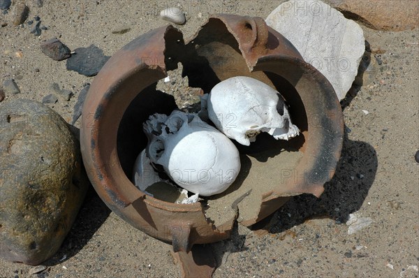 Two artificially deformed skulls in a burial urn from a looted cemetery