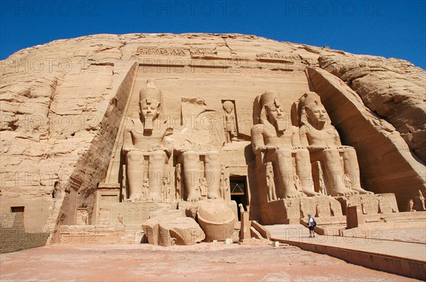 The colossal statues of Ramses II at Abu Simbel, built as a lasting monument to himself and his wife Queen Nefertari and to commemorate his victory at the battle of Kadesh