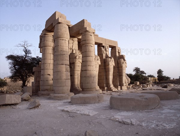 View of the Ramesseum and the Osiride statues, the mortuary temple of Ramesses II