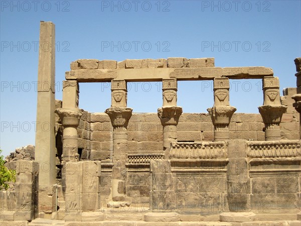 The kiosk of Pharaoh Nectanebo I, showing columns topped by carved images of the cow-goddess Hathor