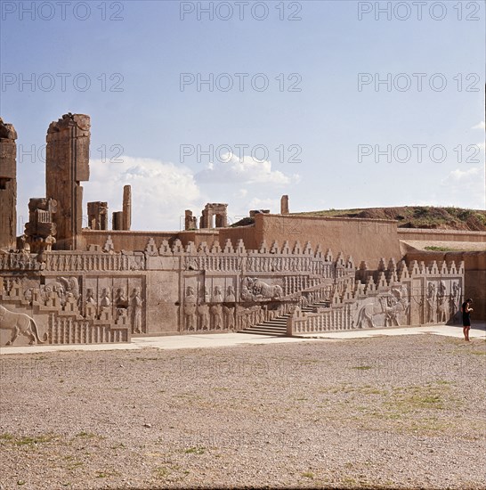 A detail of a relief carving on the staircase leading to the Tripylon at Persepolis, depicting a lion attacking a bull