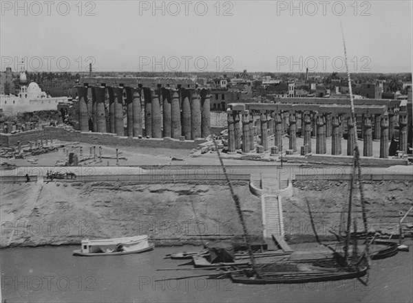 Felouccas on the Nile by the temple of Luxor, photographed in the 1920's