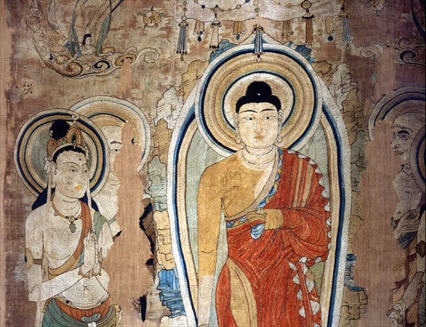 Detail of an embroidered silk banner of the Buddha Sakyamuni preaching on Vulture Peak