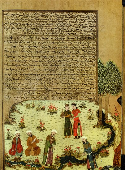 The introductory miniature to Ferdausi's 'Book of Kings' (Shah nameh) showing the unknown poet meeting the poets of the court of the sultan Mahmoud de Ghazna whose aquaintance he made because of his talent for improvising poetry