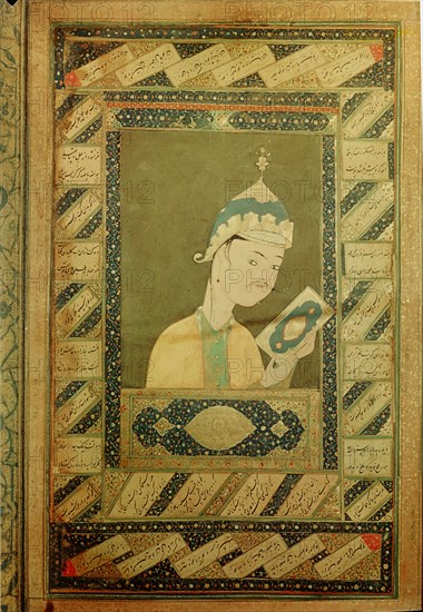 A portrait of a Timourid prince holding a book with illuminated margins