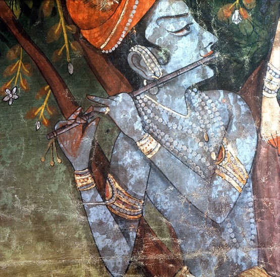 A detail of a scene depicting Krishna's youth, when he danced with the gopis (wives and daughters of the cowherds)