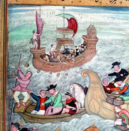 Detail from the 'Akbar nama' (History of Akbar), depicting European naval mercenaries, probably Portuguese, sailing a turbulent sea