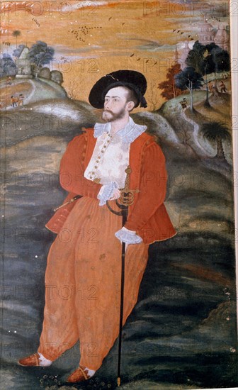 Portrait of a Dutch sailor wearing long flowing trousers and Indian slippers