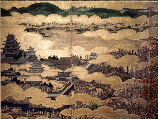 Detail of part of a folding screen which depicts the siege of Osaka Castle (1615)