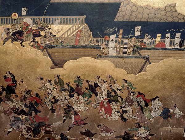 Detail of part of a folding screen which depicts the siege of Osaka Castle (1615)