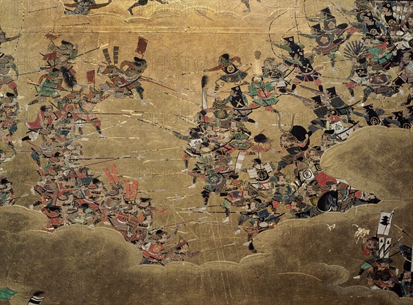 Detail of part of a folding screen which depicts the siege of Osaka Castle and was commissioned by general Kuroda Nagamasa who took part in the siege