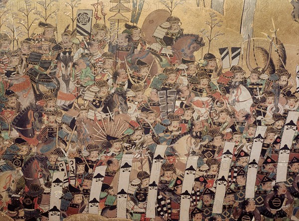 Detail of part of a folding screen which depicts the siege of Osaka Castle (1615)