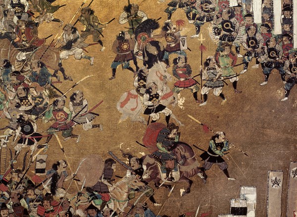 Detail of part of a folding screen which depicts the siege of Osaka Castle (1615)